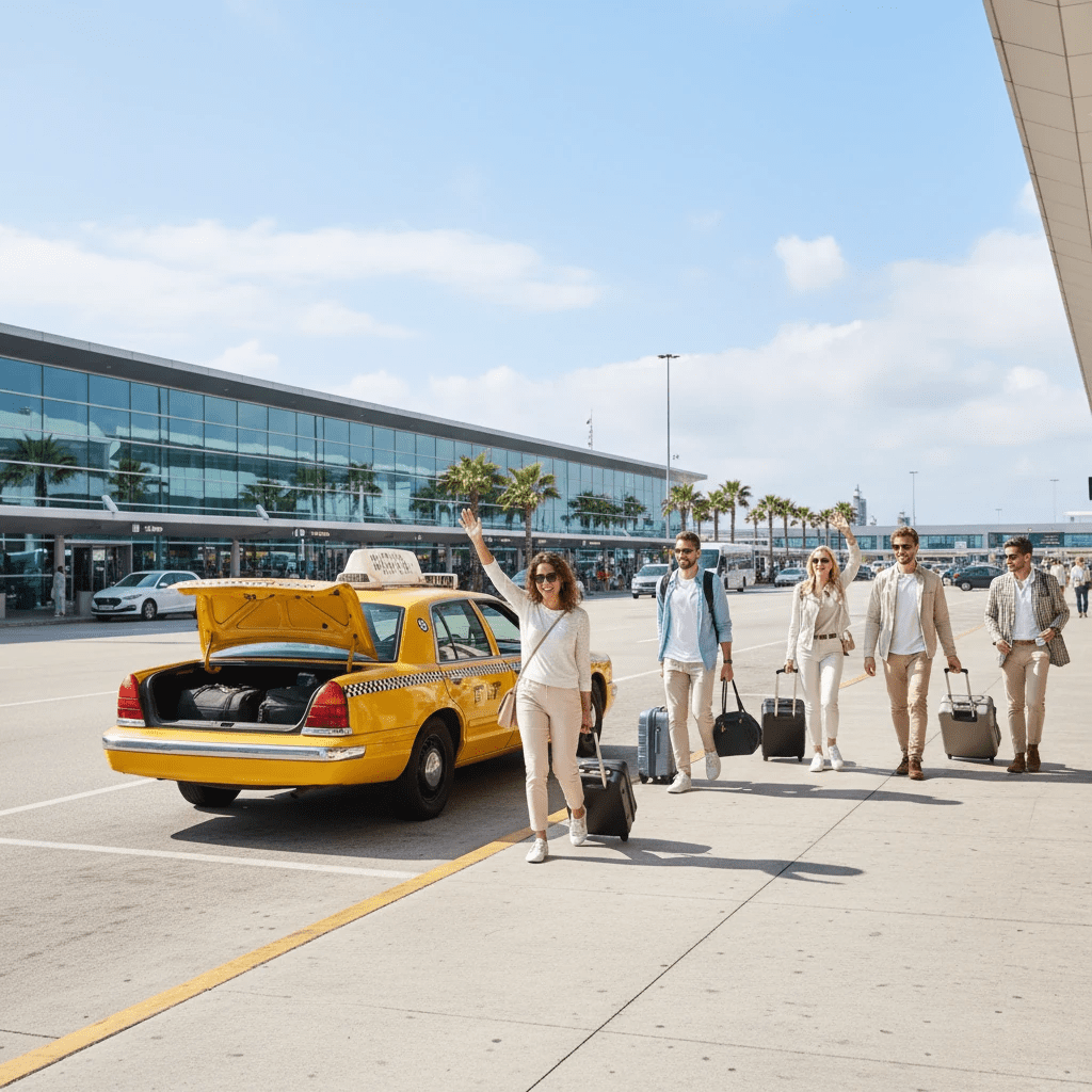 مسافران در حال رزرو تاکسی فرودگاه در تعطیلات در جلوی ترمینال